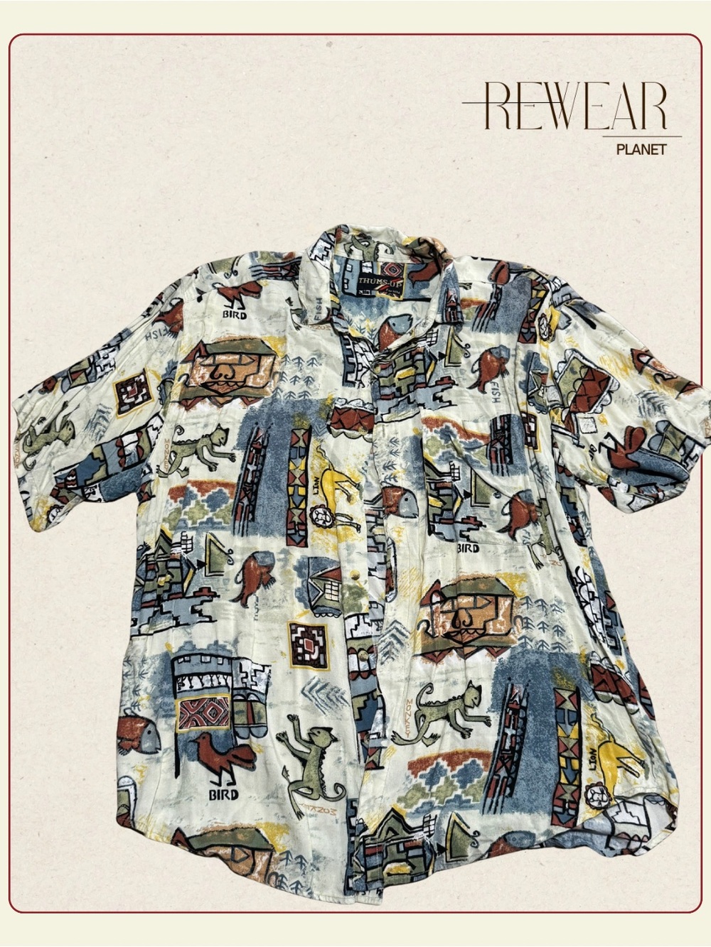 Vintage 80s Thums-Up For Him Abstract Safari Tribal Print Shirt Men’s XL